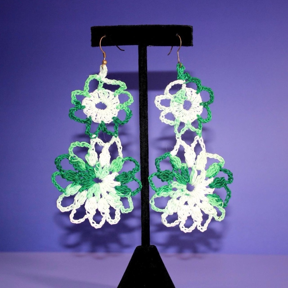 Green and White Crochet Flower Earrings